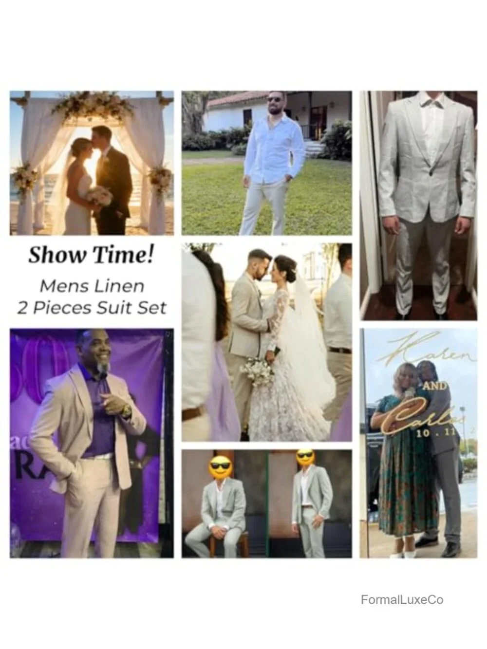 Men's 2 Piece Linen Suit Set - Peak Lapel Single Breasted Blazer & Flat Front